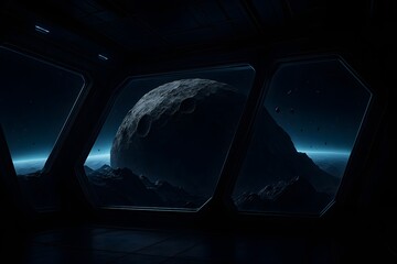 Naklejka premium Cinematic science fiction view of mysterious moon above distant world