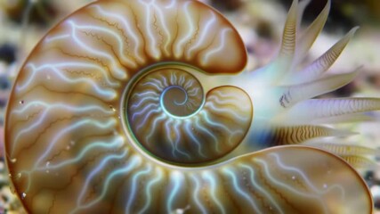 Close-up of Nautilus shell showing spiral pattern with tentacles, underwater, for biology study