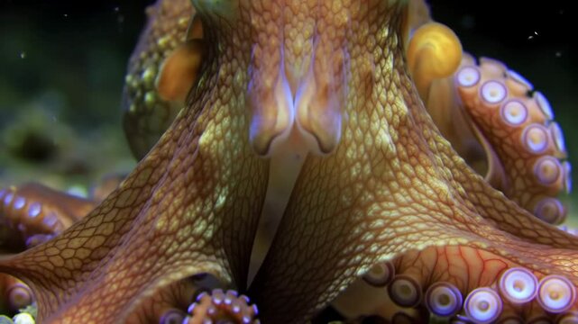 Close-up of octopus body revealing texture in a water environment, dark background, for scientific research