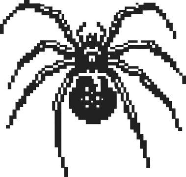 black pixel art spider icon isolated on white background, retro 8 bit insect symbol for halloween, gaming and web design concepts