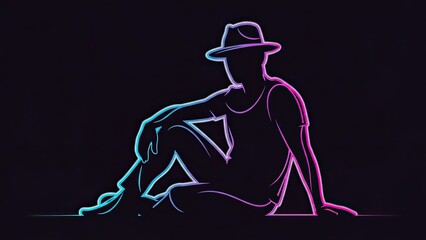 Man in fedora hat sitting, neon outline, dark background, retro style