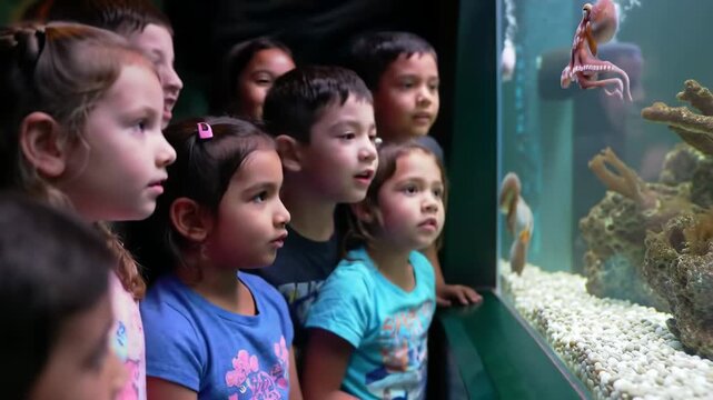 Group of children in aquarium watching octopus. Learning & education concept, aquarium visit