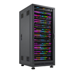 Data server rack with LED lights isolated on transparent background