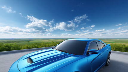 The sleek blue sedan gleams under a bright, sunny sky with wispy clouds, positioned on a paved road overlooking lush green fields stretching to the horizon.