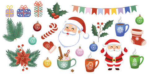 Fototapeta premium A set of isolated Christmas icons on a white background. Suitable for notebook, banner, and scrapbooking design. Vector illustration.