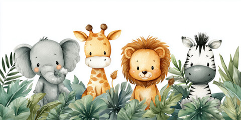 Obraz premium Cute safari animal characters with lion, elephant, giraffe and zebra standing together among tropical leaves, charming illustration for kids, nursery design and playful decor