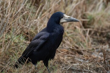 Rook bird in natural habitat amongst grass.