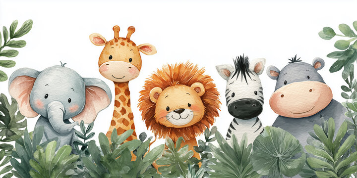 Adorable safari animals peeking from green foliage with lion giraffe elephant and zebra, playful children illustration creating friendly jungle scene for nursery and kids design