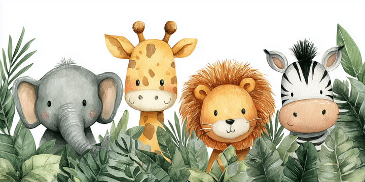 Cute safari animal characters with lion giraffe elephant and zebra, sweet children illustration with friendly faces and greenery, playful jungle themed design for kids projects