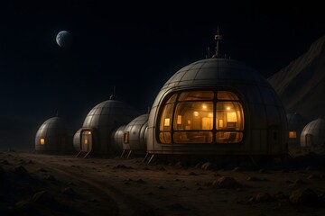 Obraz premium Futuristic moon colony architecture with illuminated windows under starry sky