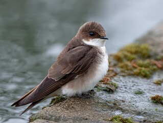 Sand martin on mossy riverbank in natural habitat for wildlife photography.