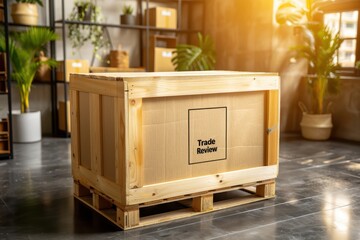 A wooden crate labeled "Trade Review" sits in a modern, well-lit workspace, surrounded by plants and organized storage.