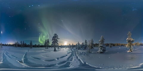 North winter with stars and Aurora borealis. 360 VR view