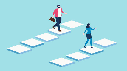 Obraz premium Flat geometric illustration of two entrepreneurs navigating through business steps, teamwork