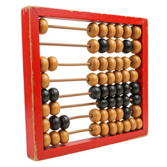 Vintage wooden abacus with red frame and natural wood and black beads isolated on transparent background