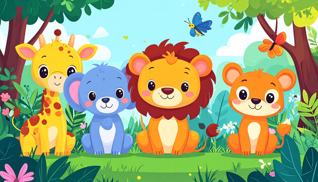 Cute Colorful Cartoon Jungle Animals Illustration for Kids