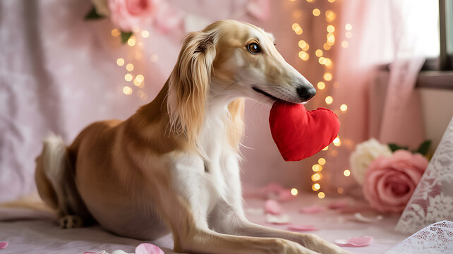 A graceful saluki with a red heart surrounded by romantic floral decor