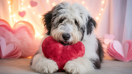 A fluffy old english sheepdog lovingly holds a bright red heart pillow
