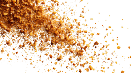 Close-up top view of brown granular sugar or spice crumbs scattered on a clean white background, creating a textured pattern.