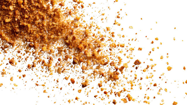 Close-up top view of brown granular sugar or spice crumbs scattered on a clean white background, creating a textured pattern.