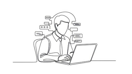 Programmer Working on Laptop, Coding and Data Visualization, Minimalist Line Art