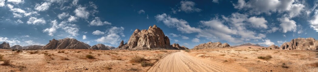 Fototapeta premium A sweeping landscape with a dirt road leading to rock formations. Blue sky with fluffy clouds. Desert scenery and terrain
