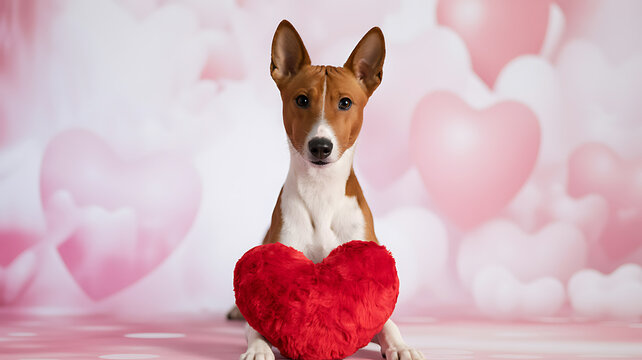 Adorable basenji dog holds a red heart against a pink background