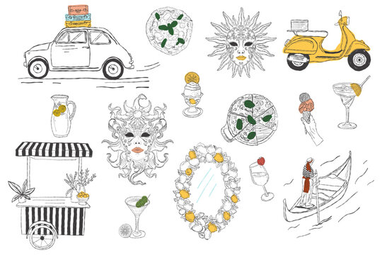 Hand drawn Italian Mediterranean lifestyle illustrations with food and travel elements