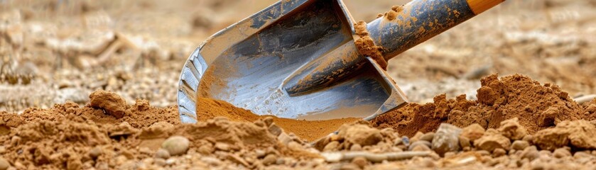 A close-up of a metal shovel digging into rich, brown soil, showcasing the textures and colors of earth.