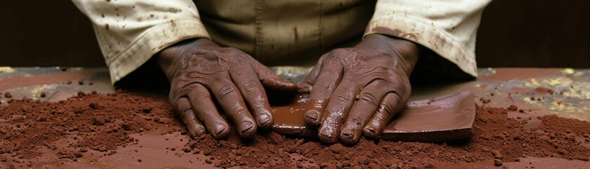 A person"s hands knead chocolate on a work surface, showcasing the rich texture and color of cocoa.