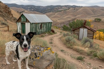 A cheerful dog stands near rustic cabins in a scenic valley, surrounded by rolling hills and autumn foliage under a cloudy sky.
