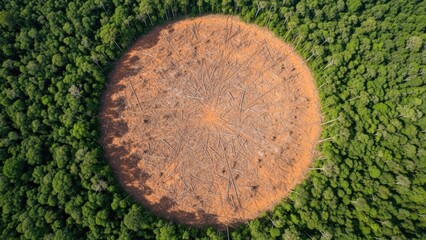 Aerial view of a circular clearing in a lush green forest, natures artwork.