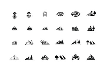Minimal Mountain and Nature Icon Set, Black Flat Vector illustration Symbols