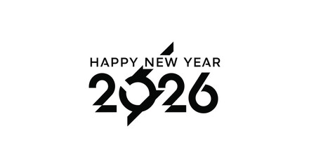 A minimalistic graphic design showcases happy new year and the year 2026 in bold black typography