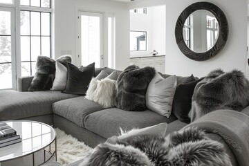 A modern living room featuring a plush gray sectional sofa adorned with elegant pillows and a stylish round mirror, creating a cozy and inviting atmosphere.