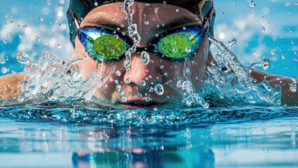 Close-up of a swimmer in action, splashing water, wearing goggles and cap.