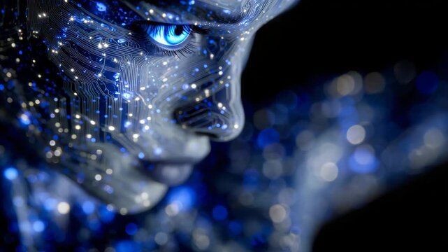 226Close-up of side-profile face with luminous blue digital network mapping across skin, nodes and circuits intertwining with human features, abstract cyber intelligence visualization