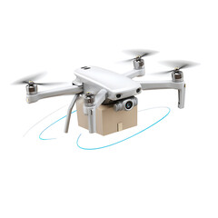 Drone carrying package, delivery quadcopter isolated on transparent background