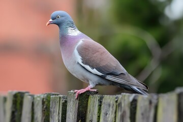 Urban common pigeon perched on weathered fence in lush greenery.