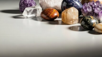 Obraz premium Assortment of natural healing crystals and raw gemstones scattered on a light gray surface creating an earthy still life