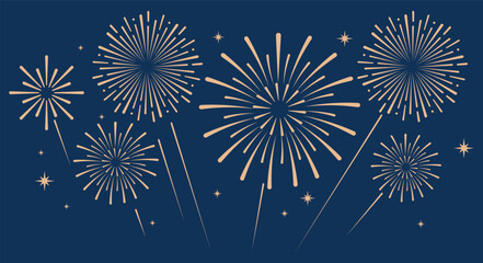 Elegant gold fireworks burst and sparkling stars on clean blue background, festive celebration illustration for New Year, holiday party, greeting card, luxury event design, minimalist style vector. © bibin