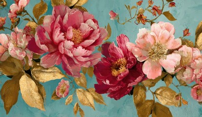 A vibrant floral design with large pink and red blooms, gold leaves, and delicate stems set against a turquoise background