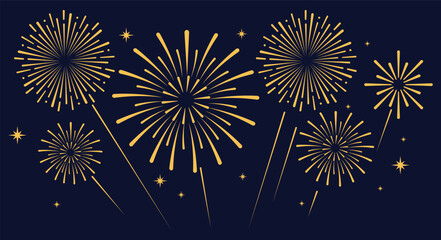 Elegant gold fireworks burst and sparkling stars on clean blue background, festive celebration illustration for New Year, holiday party, greeting card, luxury event design, minimalist style vector. © bibin