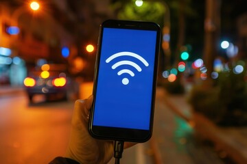 A hand holding a smartphone displaying a Wi-Fi symbol against a blurred urban night background with colorful lights.