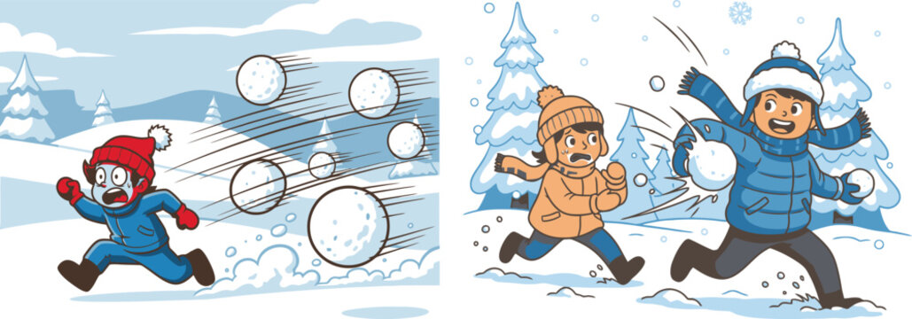 Children playfully engaged in a lively snowball fight during winter