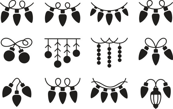 Festival lights and lanterns icon set, decorative starburst symbols, vector silhouette isolated on white background