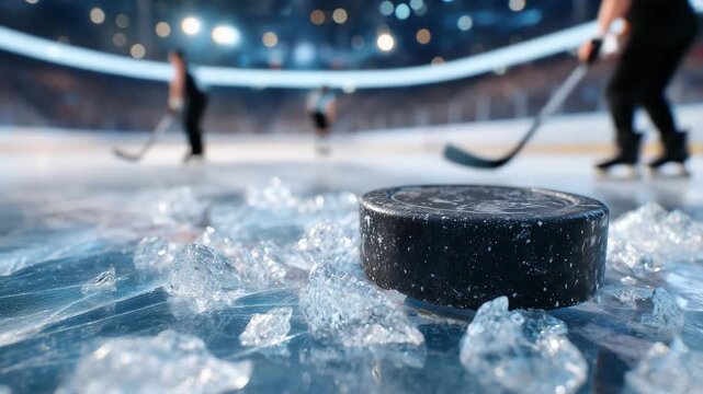 240Black hockey puck resting on icy rink surface, broken ice shards scattered around, arena lights reflecting off frozen ice, close-up capturing sports equipment ready for fast-paced