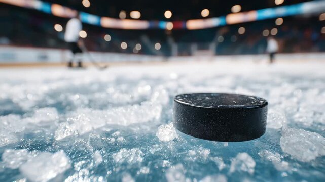 247Close-up of a single black puck on rink ice, jagged ice pieces scattered, reflections from overhead lights, emphasizing hockey gear and frozen surface textures