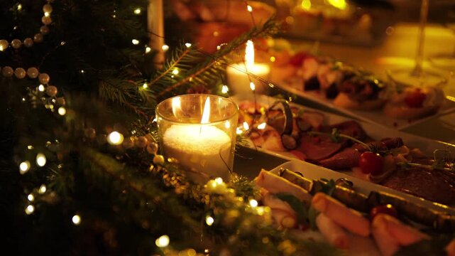 A table with beautiful food decorated with Christmas tree branches and garlands. A festive table with food, drinks, and decorations made of Christmas tree branches and glowing lanterns.