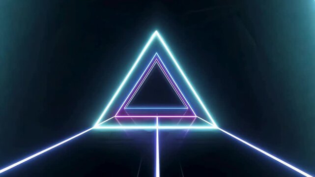 VJ loop of glowing neon triangles in cyan and pink moving through a dark tunnel.